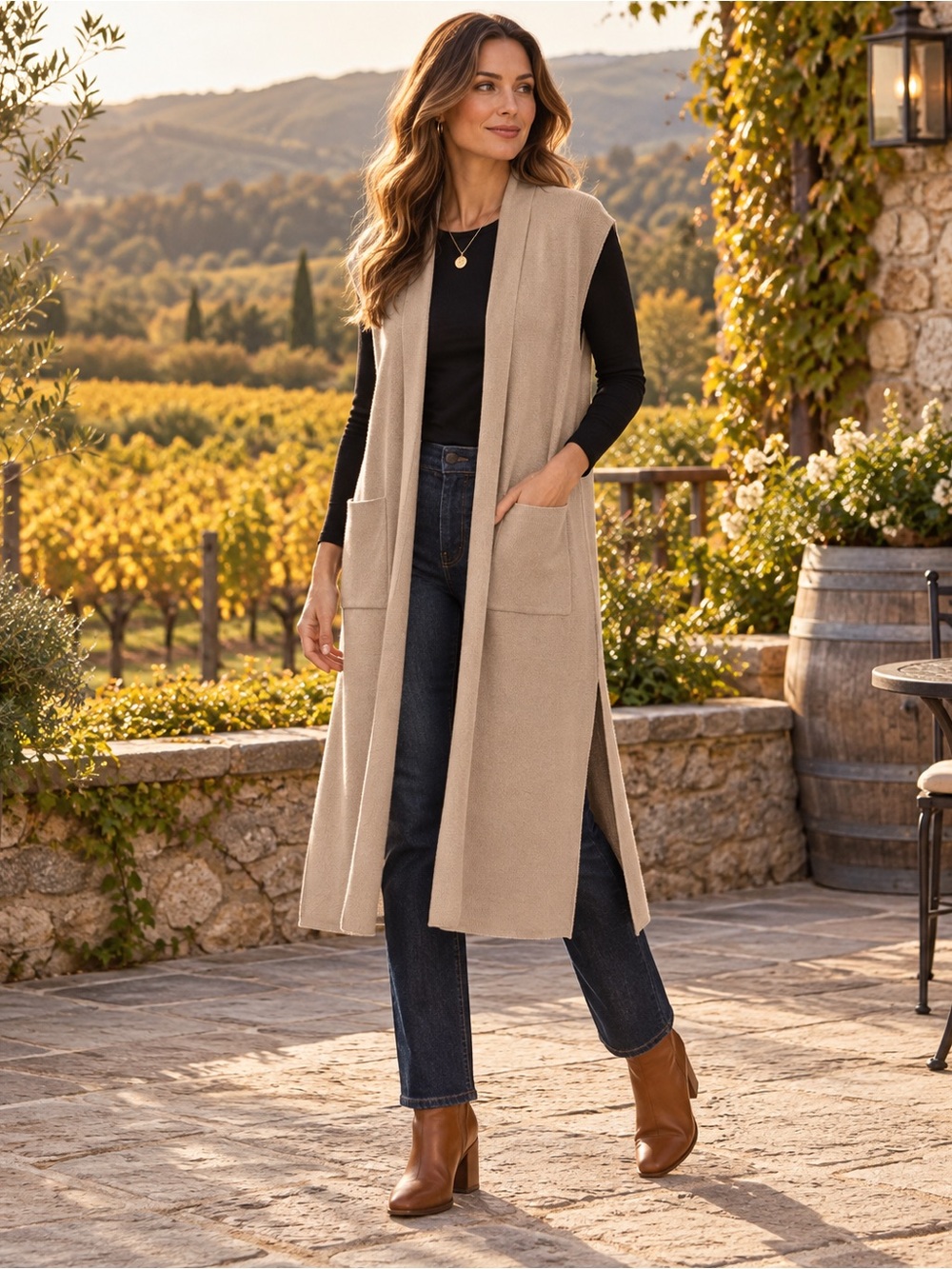 Magaschoni Taupe Long Sleeveless Cardigan Vest Size Medium